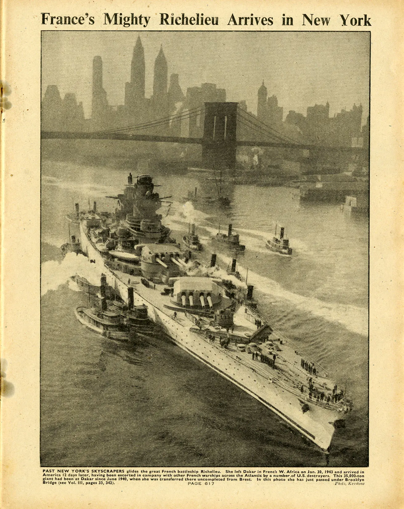 A page of The War Illustrated showing the French battleship Richelieu being towed through New York. The New York skyline is prominent in the background, as well as the Brooklyn Bridge.